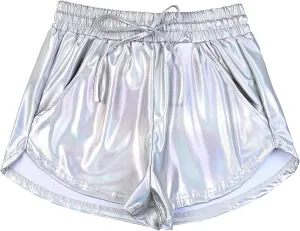 Women's Metallic Shorts Yoga Shiny Sparkly Hot Drawstring Outfit Short Pants
