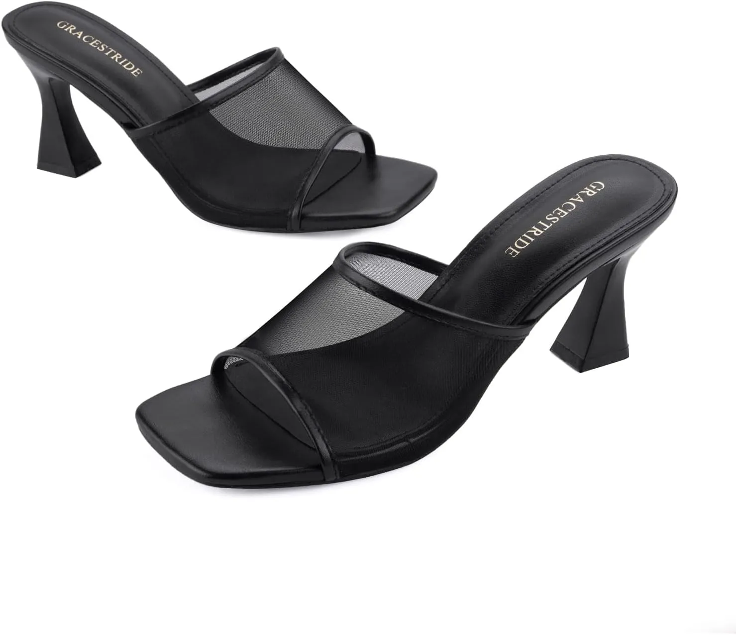 Women's Mule Heels Chunky Kitten Heeled Sandals Mesh Slip On Square Toe Comfortable Casual Dress Pumps Shoes