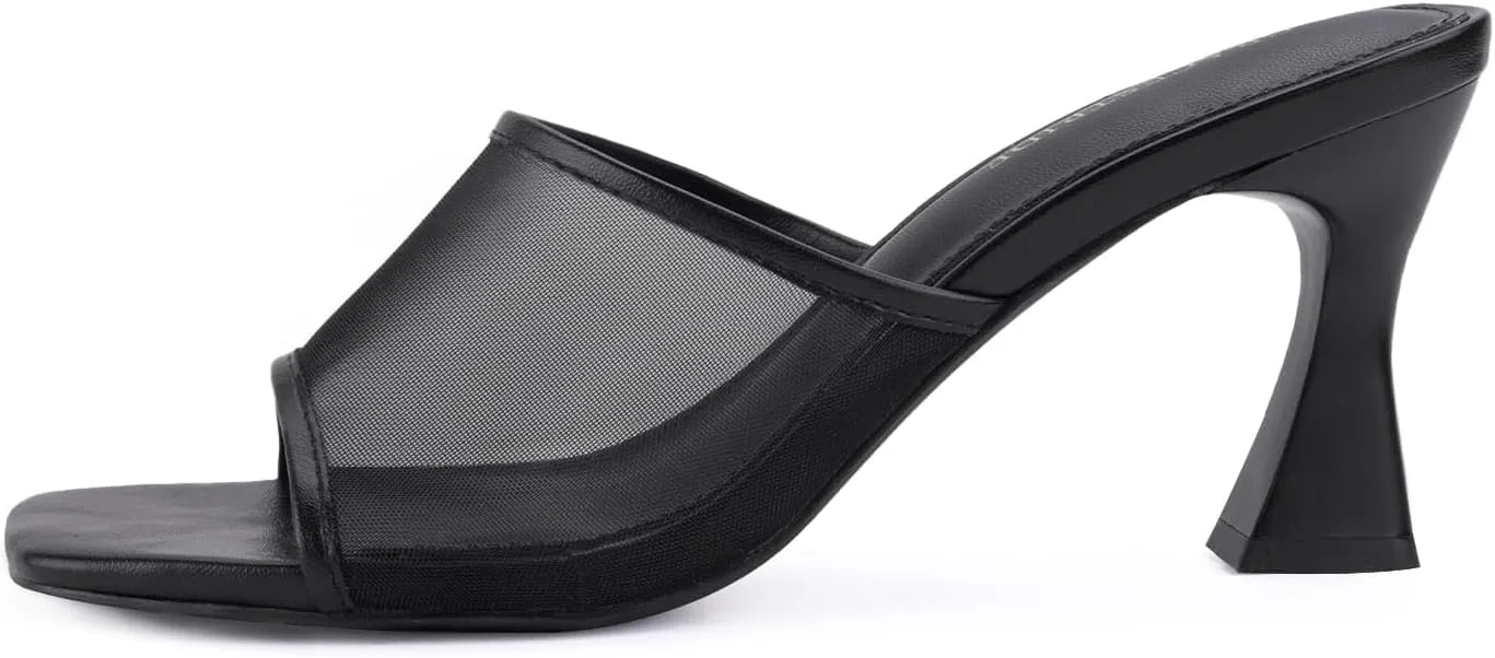 Women's Mule Heels Chunky Kitten Heeled Sandals Mesh Slip On Square Toe Comfortable Casual Dress Pumps Shoes
