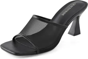 Women's Mule Heels Chunky Kitten Heeled Sandals Mesh Slip On Square Toe Comfortable Casual Dress Pumps Shoes