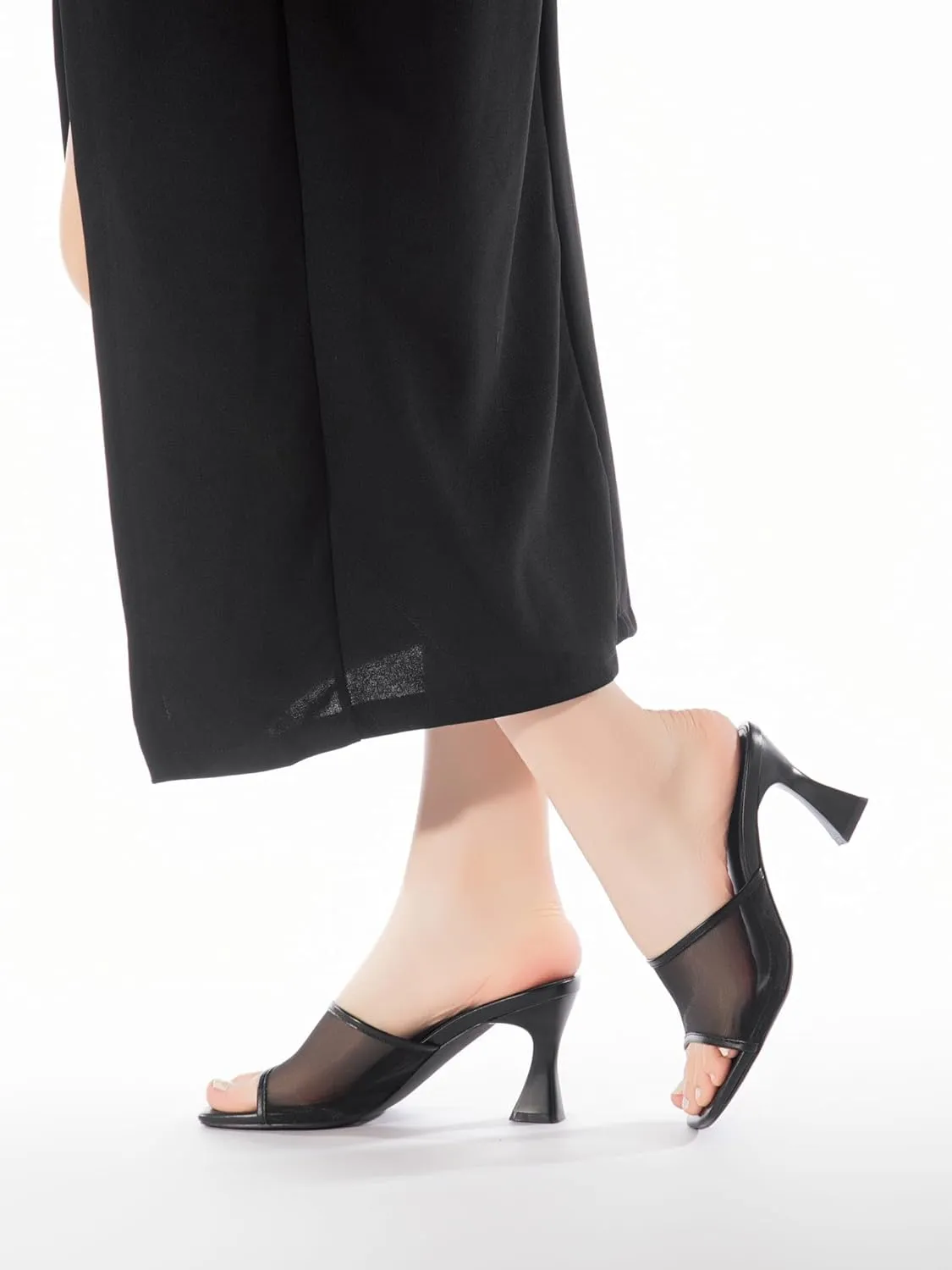 Women's Mule Heels Chunky Kitten Heeled Sandals Mesh Slip On Square Toe Comfortable Casual Dress Pumps Shoes