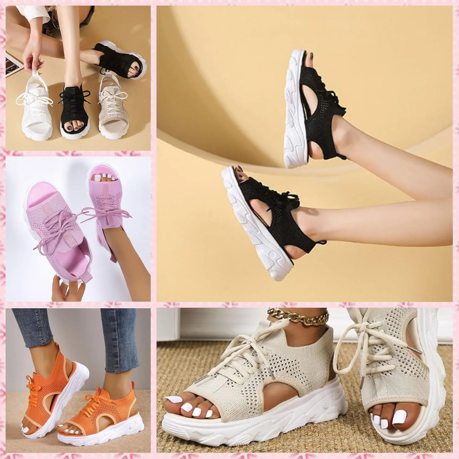 Women's Open Toe Tennis Shoes – Orthopedic Wedge Sandals with Arch Support, Breathable Mesh Lace-Up Sneaker Sandals, Thick Soled Walking Shoes for Summer, Casual Beach & Outdoor Wear