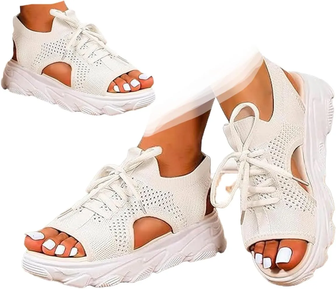 Women's Open Toe Tennis Shoes – Orthopedic Wedge Sandals with Arch Support, Breathable Mesh Lace-Up Sneaker Sandals, Thick Soled Walking Shoes for Summer, Casual Beach & Outdoor Wear