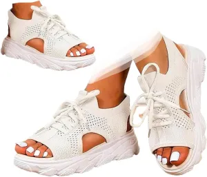 Women's Open Toe Tennis Shoes – Orthopedic Wedge Sandals with Arch Support, Breathable Mesh Lace-Up Sneaker Sandals, Thick Soled Walking Shoes for Summer, Casual Beach & Outdoor Wear