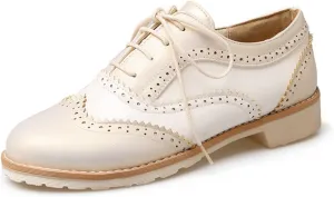 Women's Patent Leather Lace-Up Perforated Oxfords Round Toe Low Chunky Heel Block Patchwork Wingtip Brogues Pumps Casual Comfortable Derby Saddle Shoes