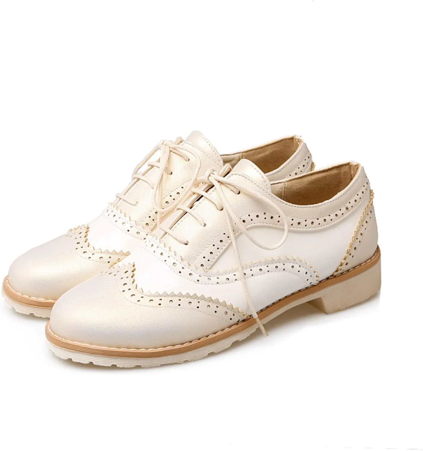 Women's Patent Leather Lace-Up Perforated Oxfords Round Toe Low Chunky Heel Block Patchwork Wingtip Brogues Pumps Casual Comfortable Derby Saddle Shoes