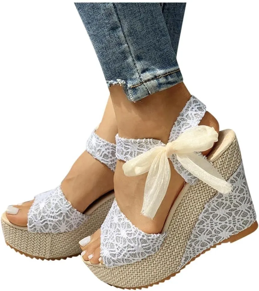 Women's Platform Sandals Wedge Open Toe Ankle Strap Lace Wedding Bridesmaid Shoes Close Toe Rhinestone Comfortable Casual