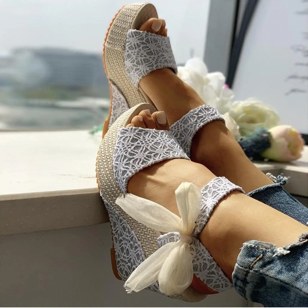 Women's Platform Sandals Wedge Open Toe Ankle Strap Lace Wedding Bridesmaid Shoes Close Toe Rhinestone Comfortable Casual