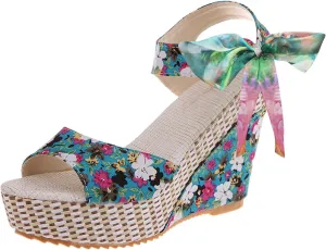 Women's Platform Sandals Wedge Open Toe Ankle Strap Lace Wedding Bridesmaid Shoes Low Heel Comfortable Casual Rhinestone