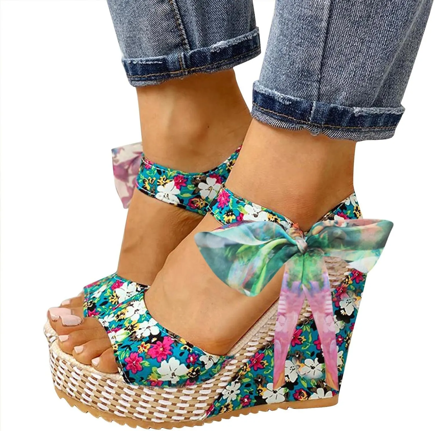 Women's Platform Sandals Wedge Open Toe Ankle Strap Lace Wedding Bridesmaid Shoes Low Heel Comfortable Casual Rhinestone