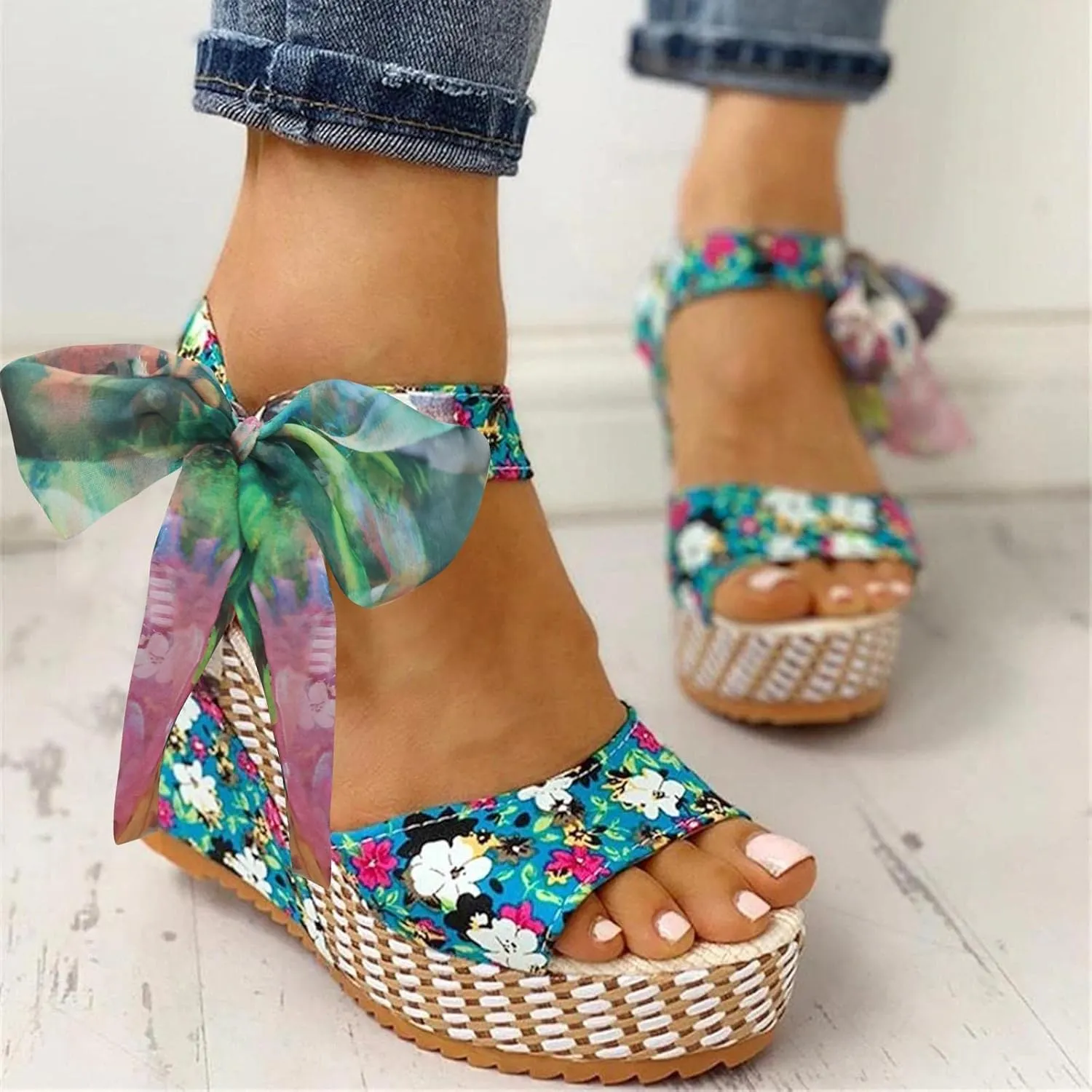 Women's Platform Sandals Wedge Open Toe Ankle Strap Lace Wedding Bridesmaid Shoes Low Heel Comfortable Casual Rhinestone