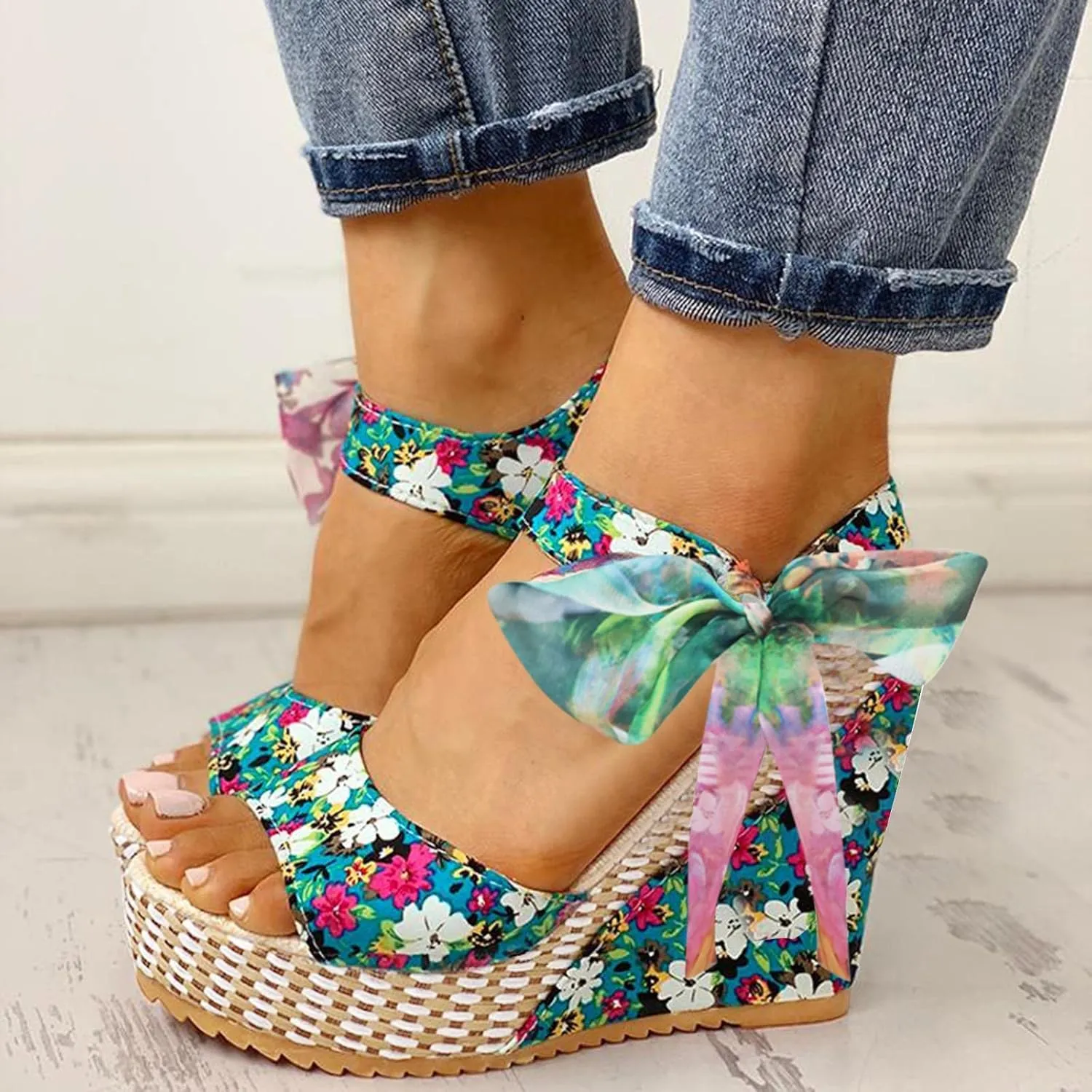 Women's Platform Sandals Wedge Open Toe Ankle Strap Lace Wedding Bridesmaid Shoes Low Heel Comfortable Casual Rhinestone