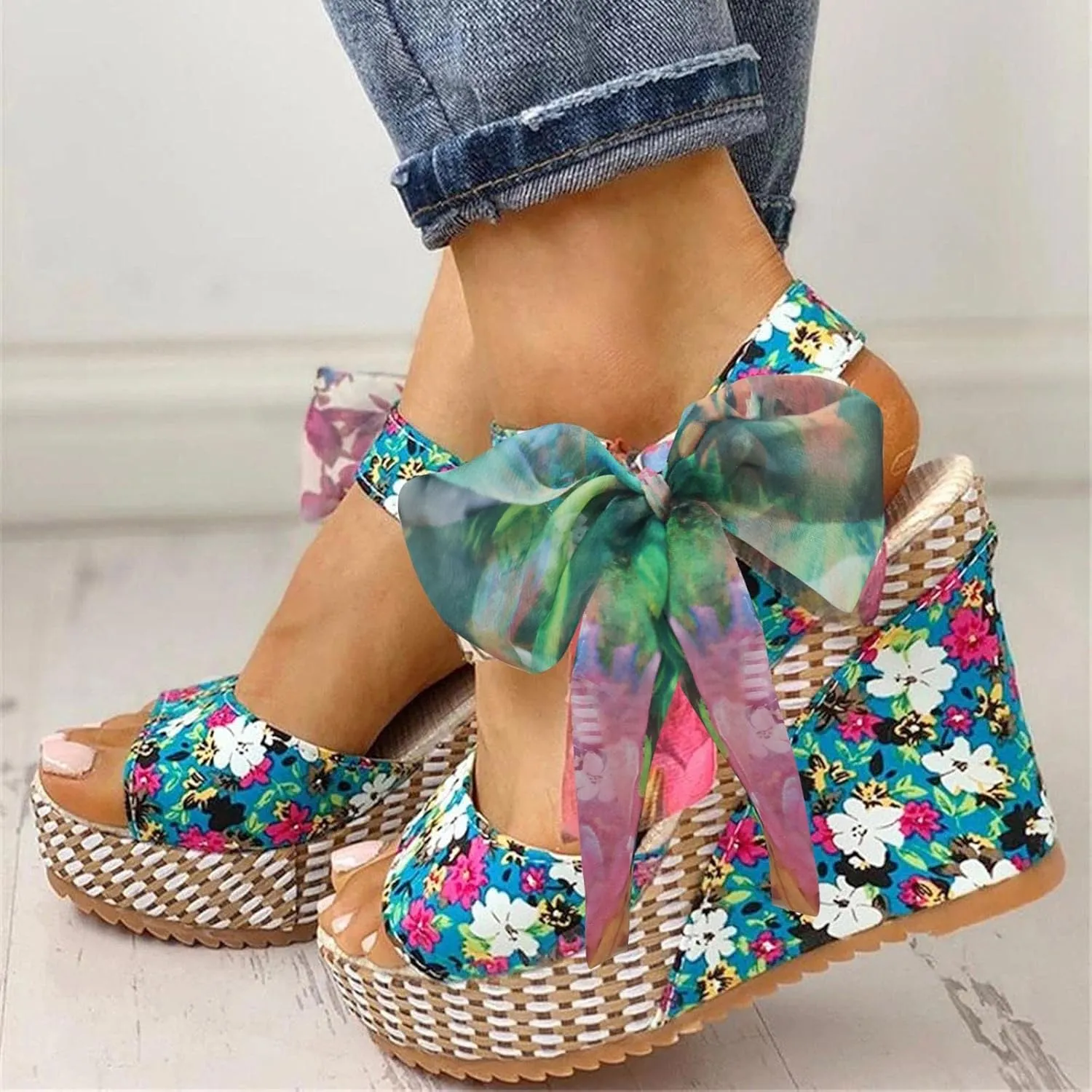 Women's Platform Sandals Wedge Open Toe Ankle Strap Lace Wedding Bridesmaid Shoes Low Heel Comfortable Casual Rhinestone