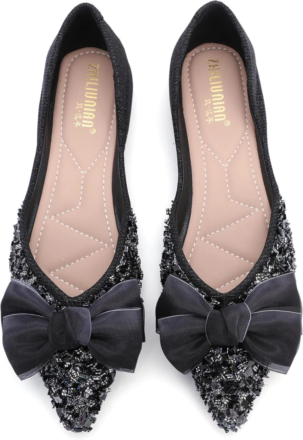 Women's Pointed Rhinestone Flat Shoes Glitter Flowers Wedding Comfortable Dress Shoes