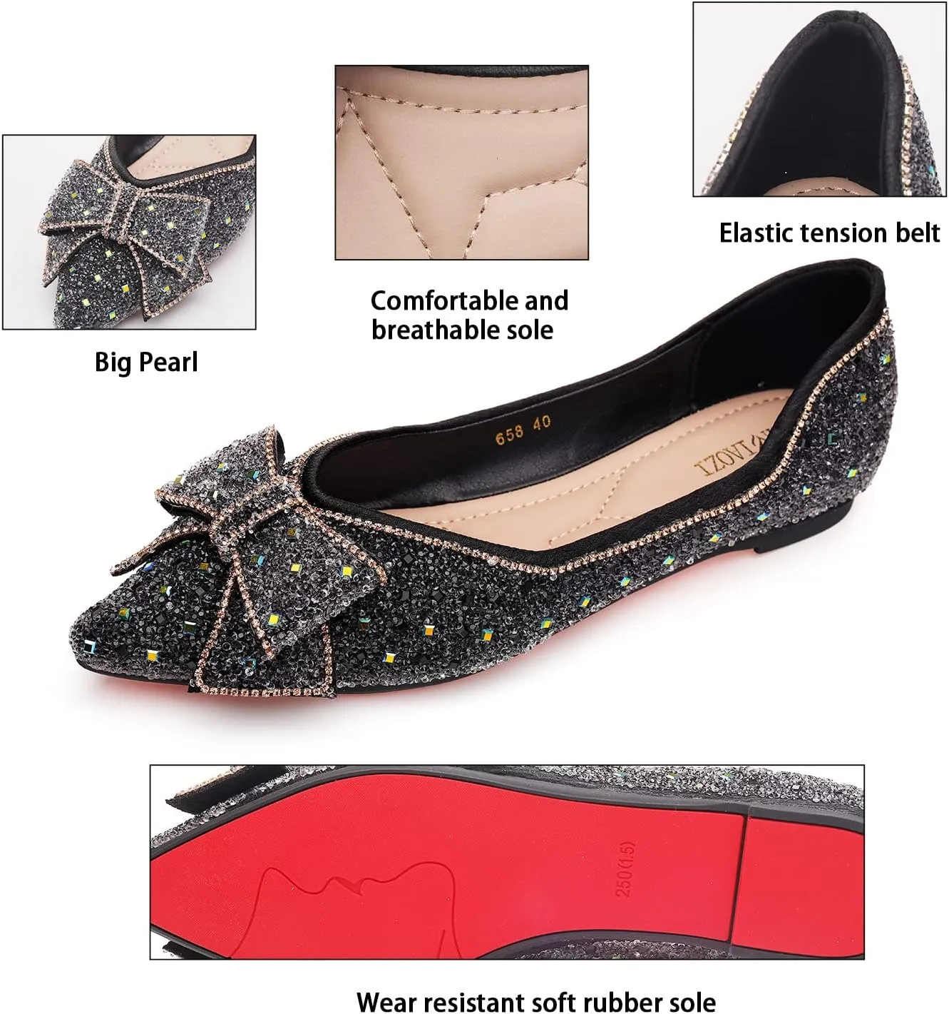 Women's Pointed Rhinestone Flat Shoes Glitter Flowers Wedding Comfortable Dress Shoes