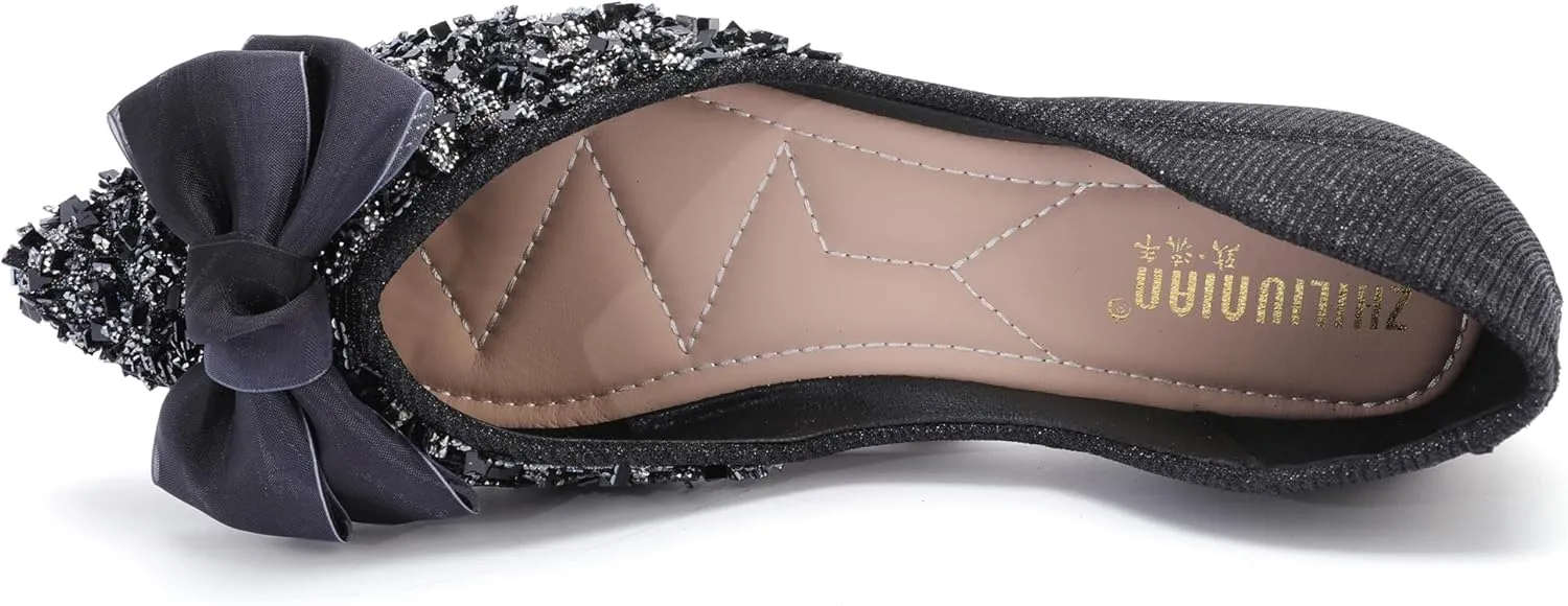 Women's Pointed Rhinestone Flat Shoes Glitter Flowers Wedding Comfortable Dress Shoes