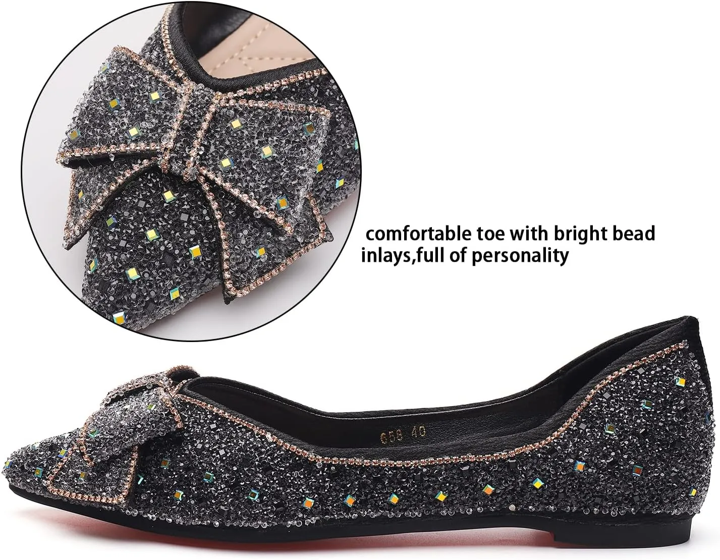 Women's Pointed Rhinestone Flat Shoes Glitter Flowers Wedding Comfortable Dress Shoes