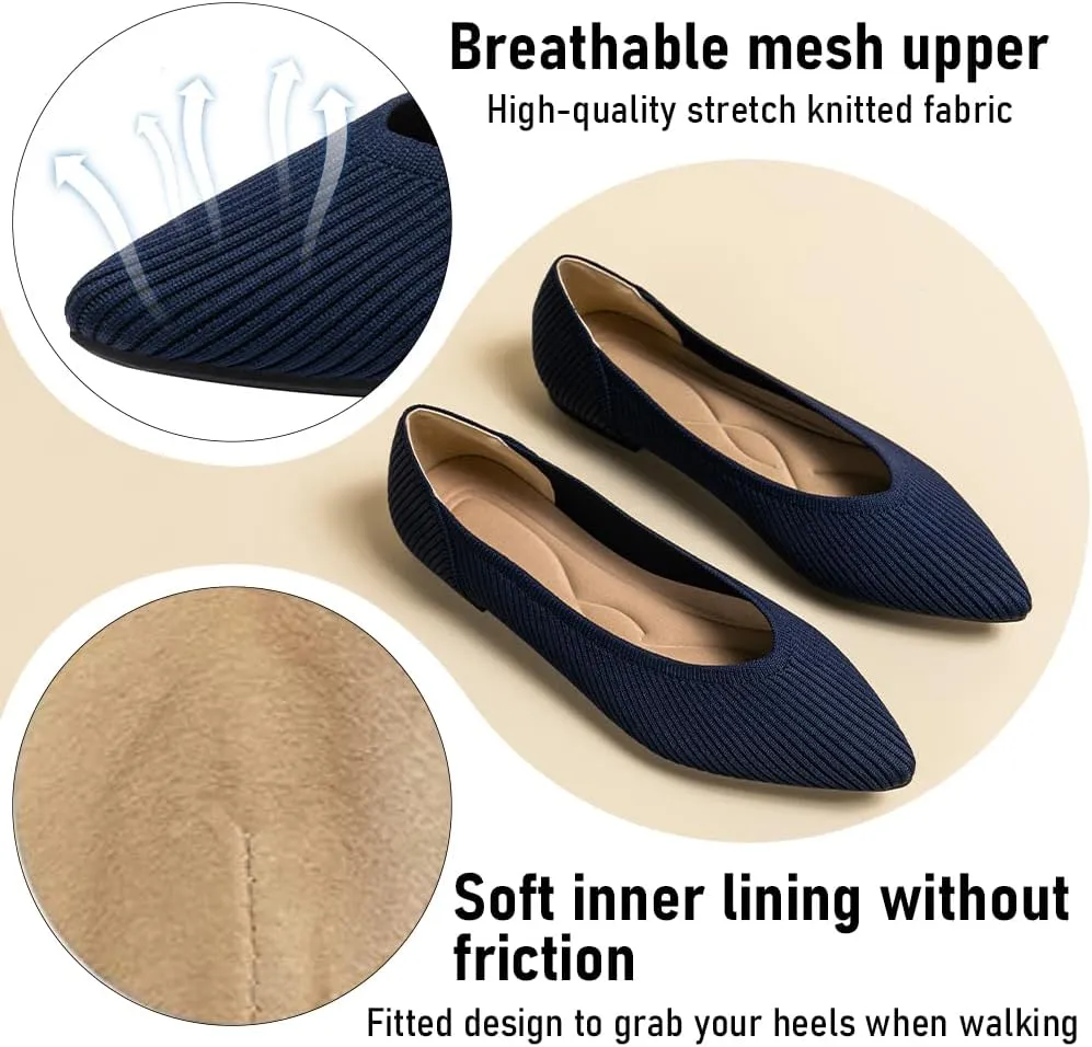 Women's Pointed Toe Knit Ballet Fashionable and Comfortable Dressy Flat Shoes