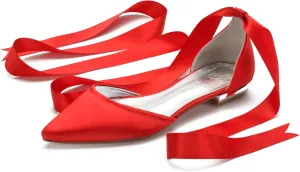 Women's Pointed Toe Ribbon Wedding Flats for Bride Comfortable Wedding Shoes Low Heels Bridal Flats Evening Prom Party Dress Shoes Pumps