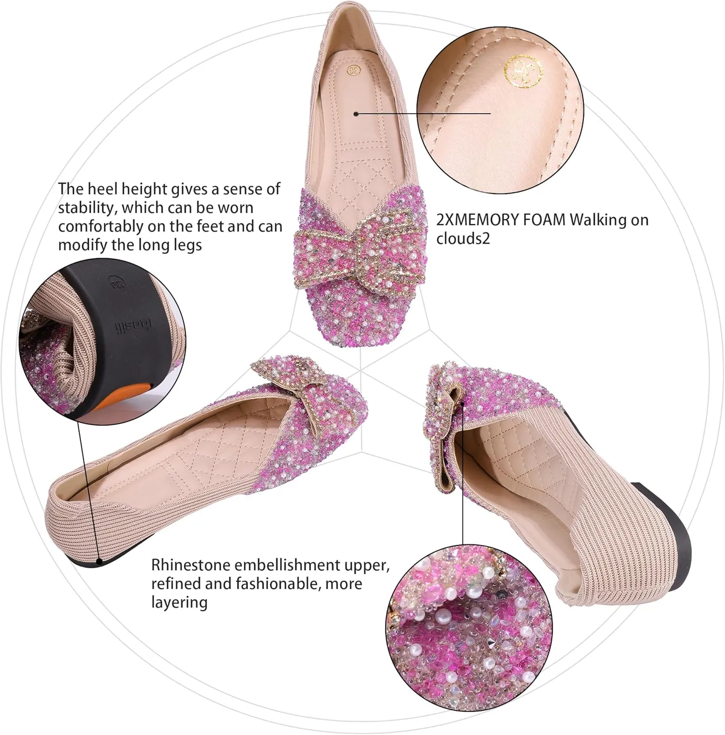 Women's Rhinestone Flats Pointed Toe Low Heel Wedding Shoes Comfortable Women Dress Shoes ﻿