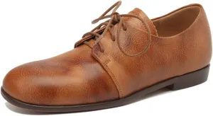 Women's Round Toe Handmade Lace Up Genuine Leather Comfortable Flat Oxford Shoes