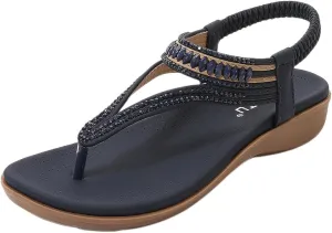 Womens Sandals Comfort Arch Support Sandals Summer Walking Shoes Casual Ankle Elastic T-Strap Thong Flip Flops Shoe Comfortable Dressy Beach Bohemian Flat Sandals Soft Breathable Lightweight Sandal