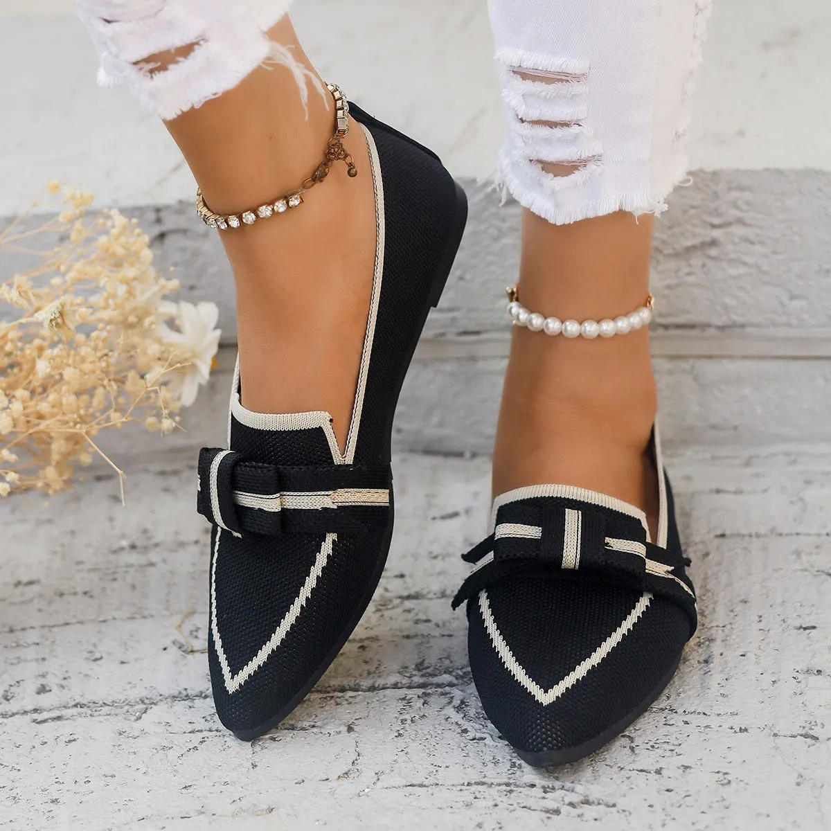 Women's Shoes flat elegant with bow pointed toe comfortable soft sole