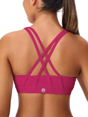 Women's Strappy Sports Bras Light Compression Crop Criss Cross Back Padded Workout Yoga Bra Supportive U Neckline