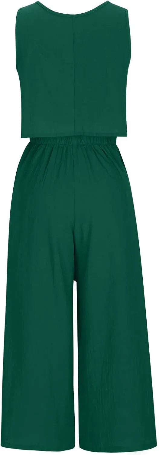 Women's Summer 2 Piece Outfits Sleeveless Crop Top Flowy Wide Leg Capri Pants Matching Sets Vacation Travel Clothes