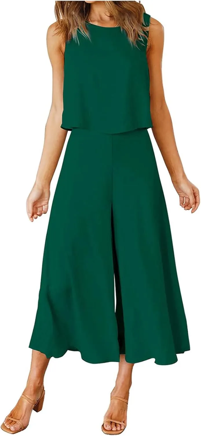 Women's Summer 2 Piece Outfits Sleeveless Crop Top Flowy Wide Leg Capri Pants Matching Sets Vacation Travel Clothes