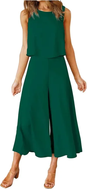 Women's Summer 2 Piece Outfits Sleeveless Crop Top Flowy Wide Leg Capri Pants Matching Sets Vacation Travel Clothes