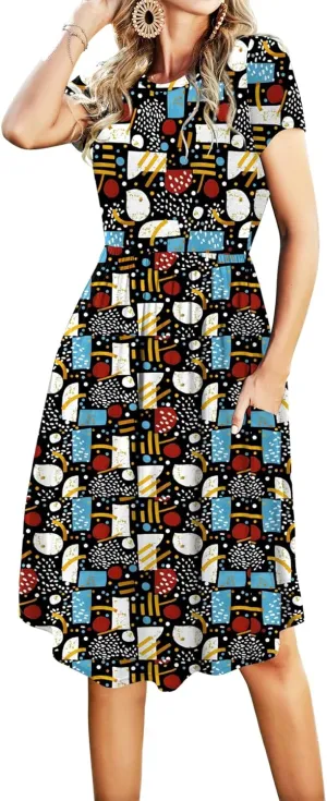 Womens Summer Pocket Knee Length Teacher Casual Dress Spring Modest Knit Fit Flare Short Sleeve Midi Work Travel Outfits