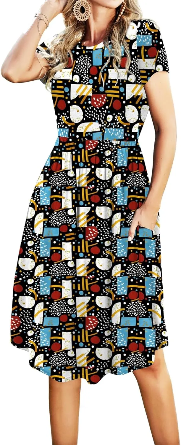 Womens Summer Pocket Knee Length Teacher Casual Dress Spring Modest Knit Fit Flare Short Sleeve Midi Work Travel Outfits