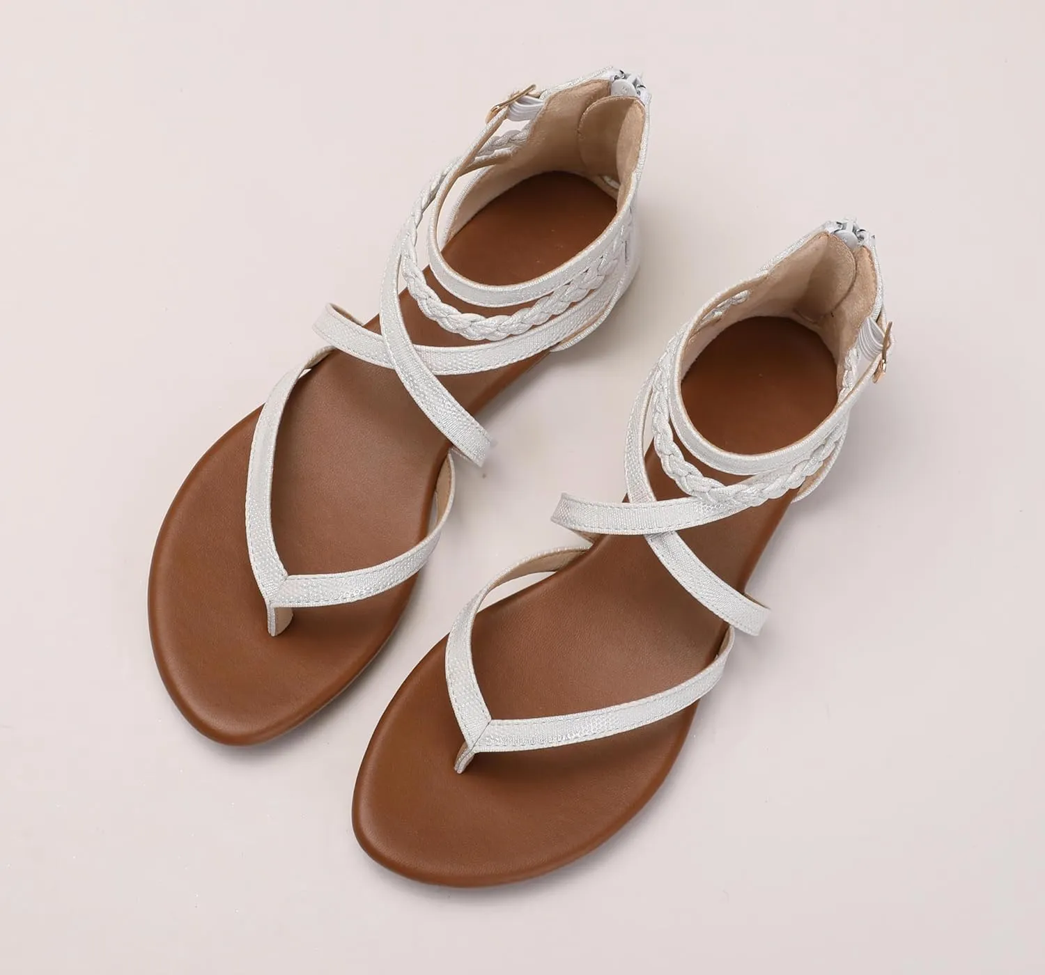 Women's Summer Strappy Flat Sandals Casual Gladiator Shoes Open Toe Sparkly Crossover Straps Dressy Fisherman Thong Sandals for Walking Beach Vacation