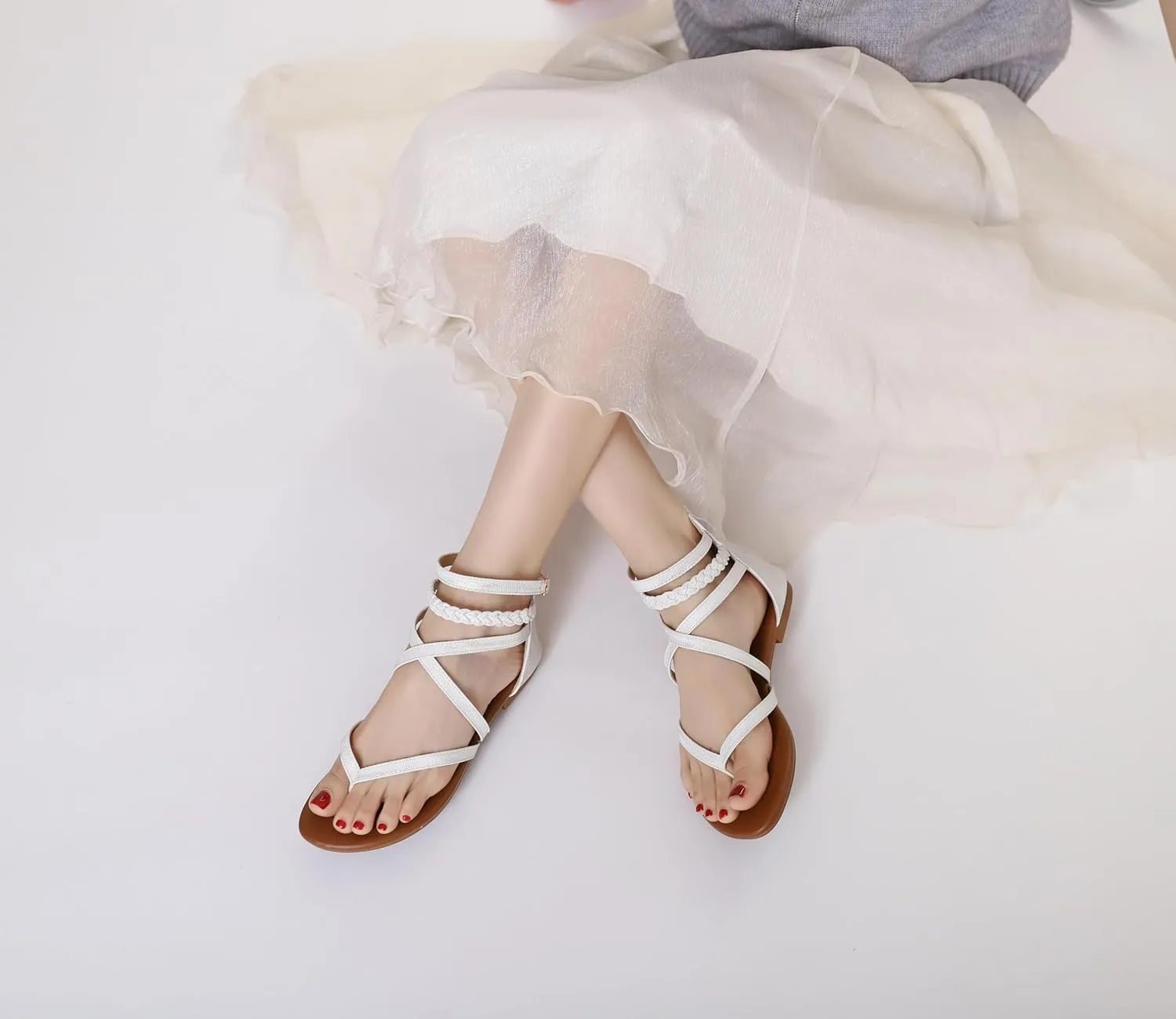 Women's Summer Strappy Flat Sandals Casual Gladiator Shoes Open Toe Sparkly Crossover Straps Dressy Fisherman Thong Sandals for Walking Beach Vacation