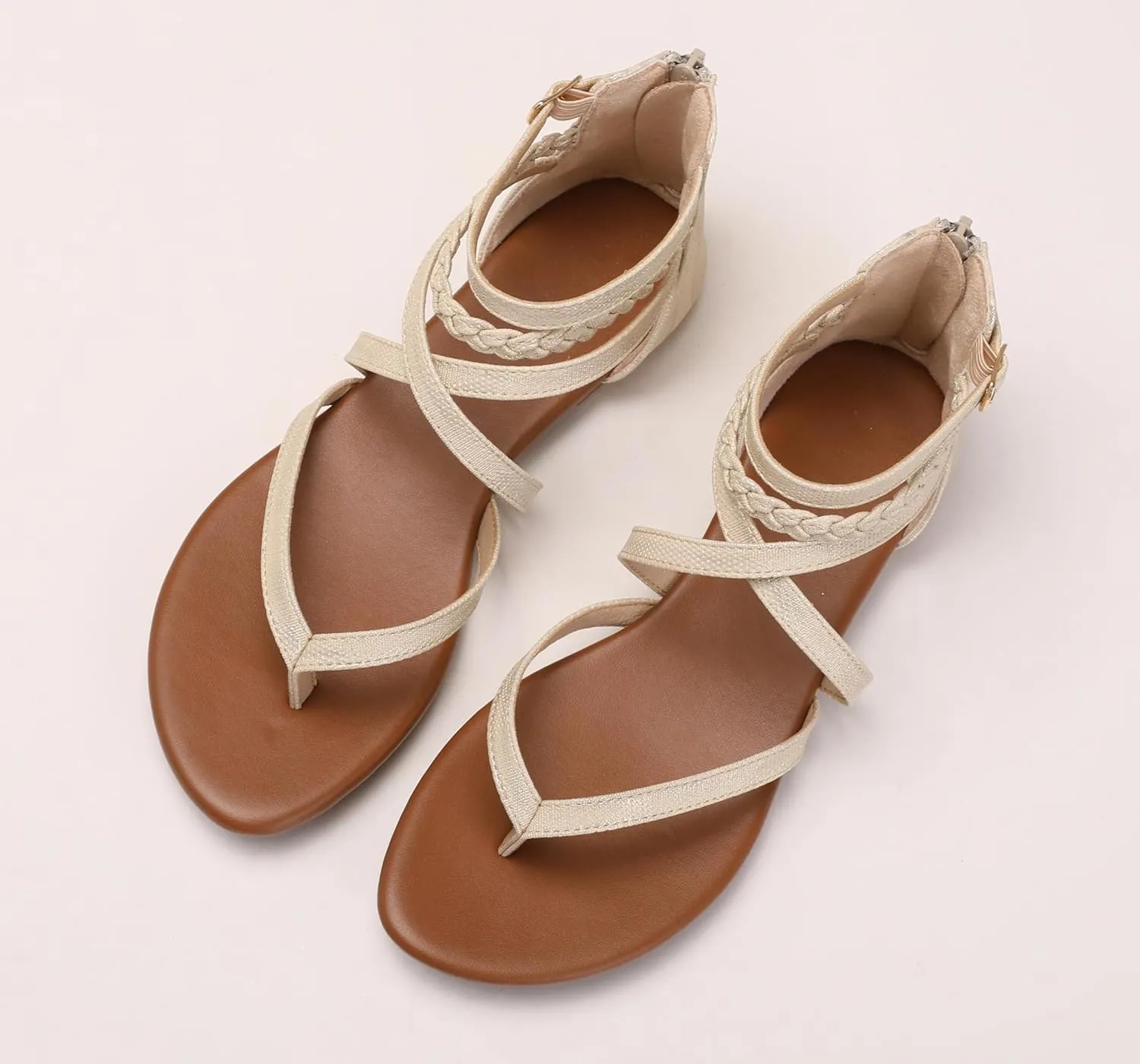 Women's Summer Strappy Flat Sandals Casual Gladiator Shoes Open Toe Sparkly Crossover Straps Dressy Fisherman Thong Sandals for Walking Beach Vacation