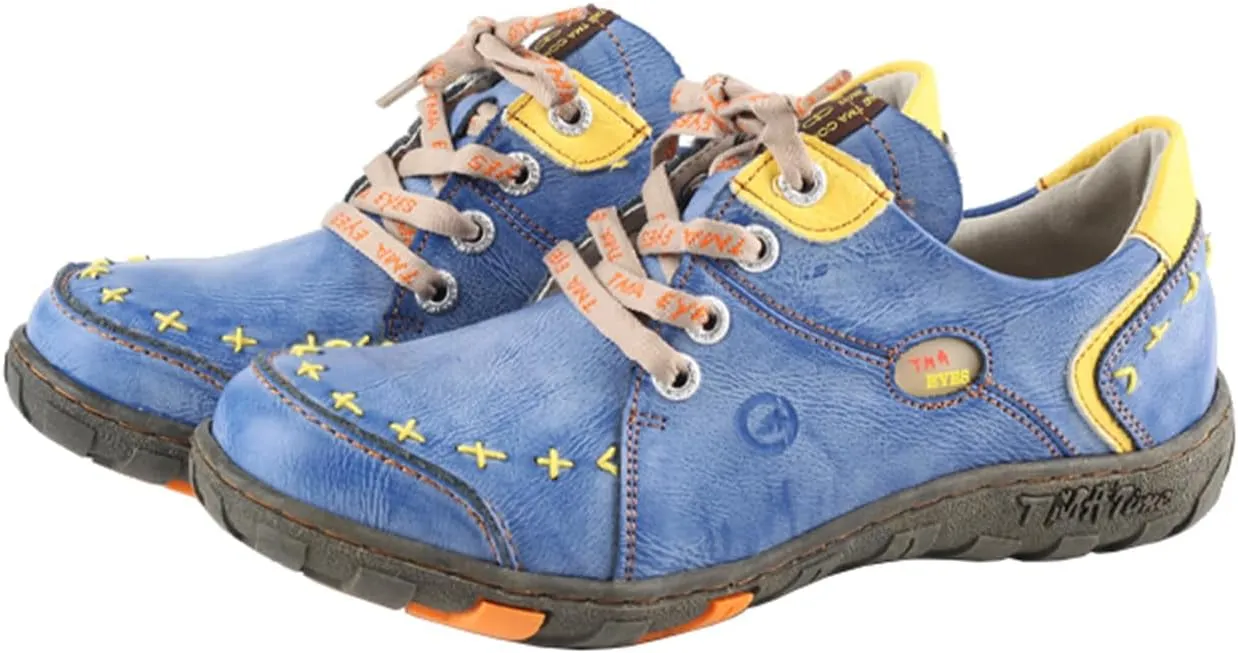 Women's Vintage Washed Leather Lace-up Walking Shoes Comfortable Flat Sneaker