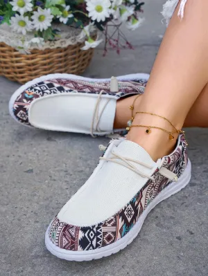 Women's Wendy Aztec Print Canvas Lace-Up Loafers, Lightweight Slip-On Casual Walking Shoes, Dudes Boho Comfortable Low Top Flat Sneakers for Everyday Wear
