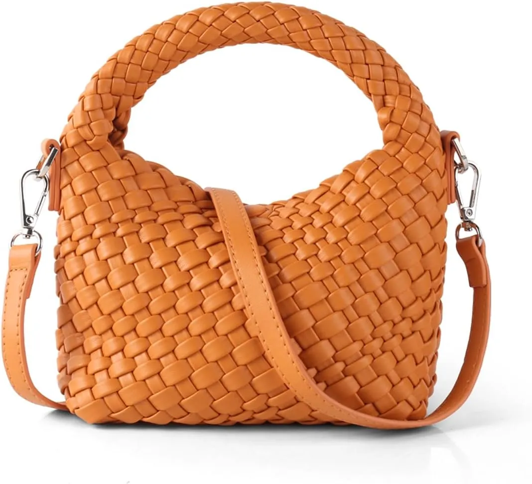 Woven Crossbody Bag Small Tote Cute Purse for Women,Top Handle Handbag Pu Leather Shoulderbag with Detachable Strap
