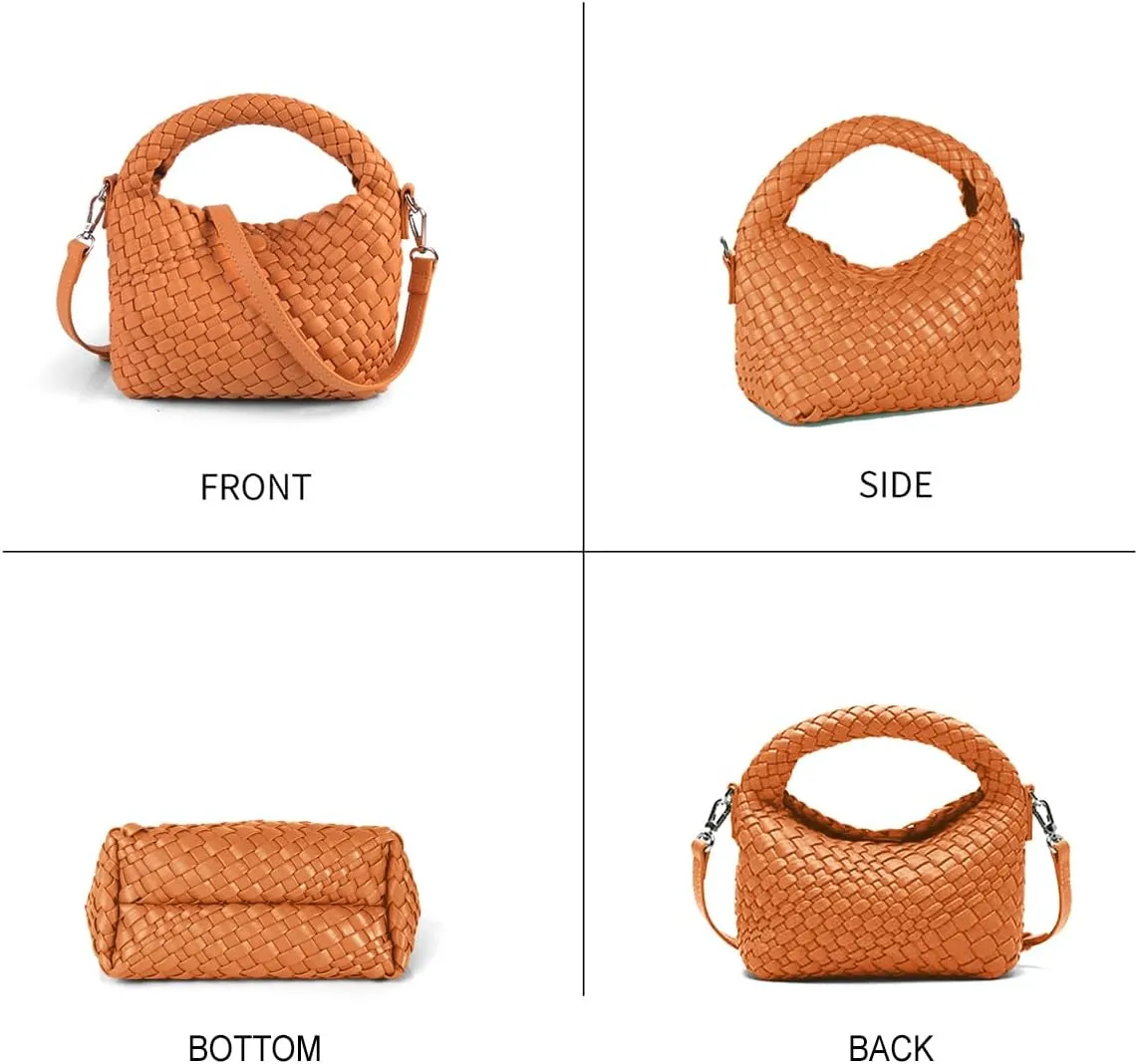 Woven Crossbody Bag Small Tote Cute Purse for Women,Top Handle Handbag Pu Leather Shoulderbag with Detachable Strap