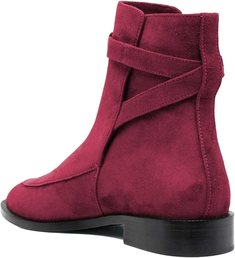 XYD Women Classic Pull On Suede Closed Round Toe Decorative Buckle Ankle Boots Low Heel Flats Winter Short Bootie Comfortable Travel Casual Shoes