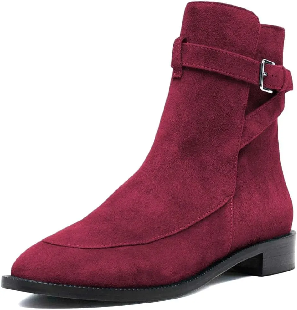 XYD Women Classic Pull On Suede Closed Round Toe Decorative Buckle Ankle Boots Low Heel Flats Winter Short Bootie Comfortable Travel Casual Shoes