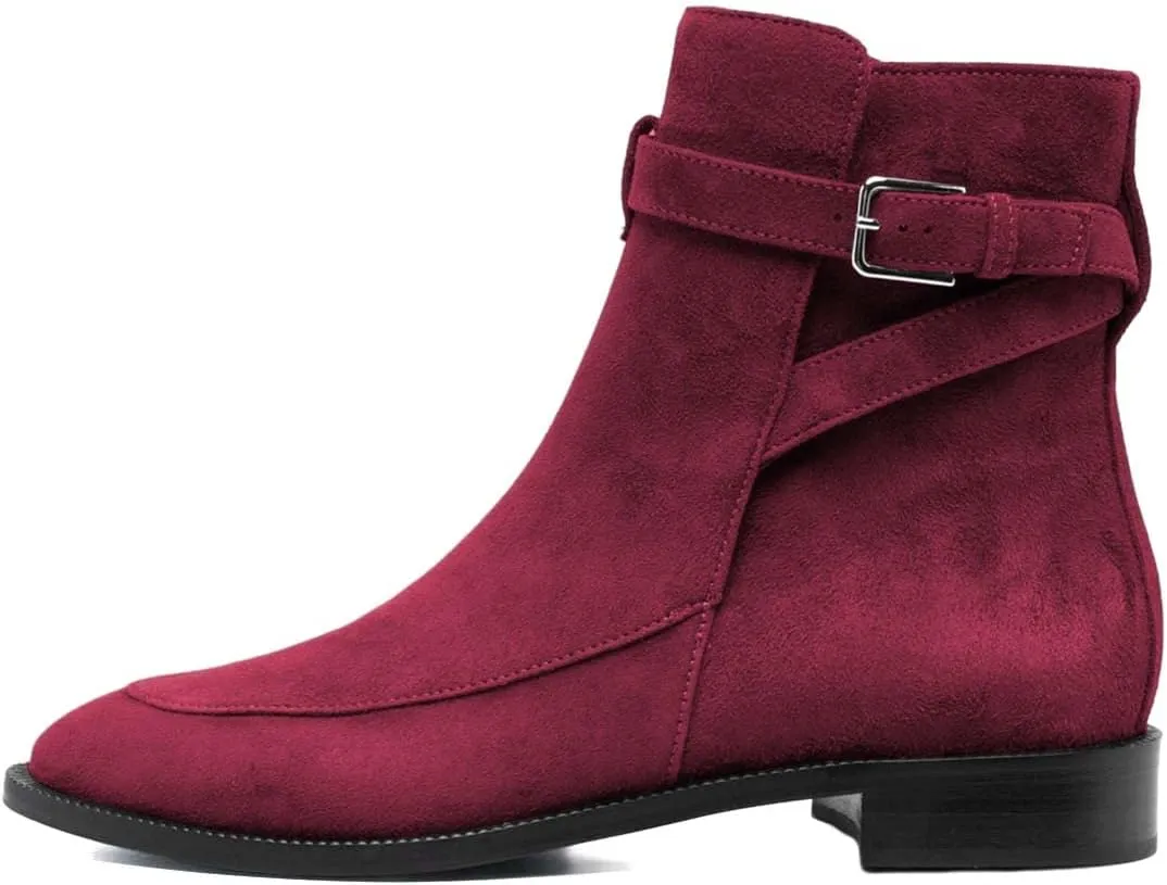 XYD Women Classic Pull On Suede Closed Round Toe Decorative Buckle Ankle Boots Low Heel Flats Winter Short Bootie Comfortable Travel Casual Shoes