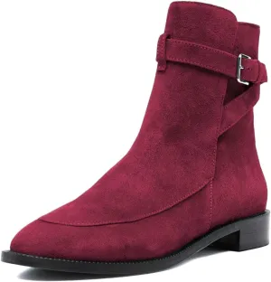 XYD Women Classic Pull On Suede Closed Round Toe Decorative Buckle Ankle Boots Low Heel Flats Winter Short Bootie Comfortable Travel Casual Shoes
