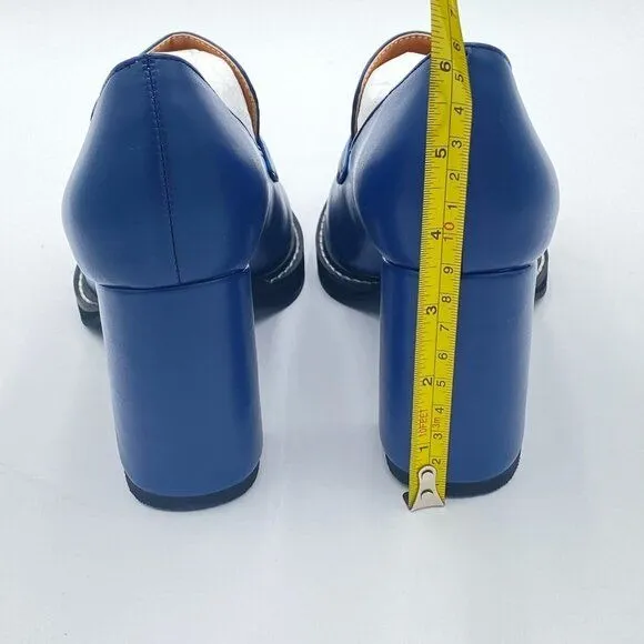YDN Blue Penny Loafers Round Closed Toe Pumps Platform Chunky High Heel Shoe