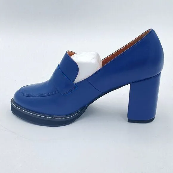 YDN Blue Penny Loafers Round Closed Toe Pumps Platform Chunky High Heel Shoe