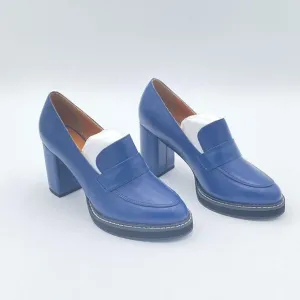 YDN Blue Penny Loafers Round Closed Toe Pumps Platform Chunky High Heel Shoe