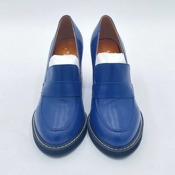 YDN Blue Penny Loafers Round Closed Toe Pumps Platform Chunky High Heel Shoe