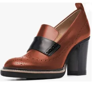 YDN Brown Chunky High Heels Round Toe Oxford Loafer Dress Shoe
