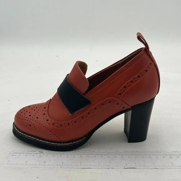 YDN Brown Chunky High Heels Round Toe Oxford Loafer Dress Shoe